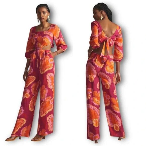 FARM Rio Pants - FARM Rio x Anthropologie Tie-Back Cutout wide leg linen blend Jumpsuit Tie dye M